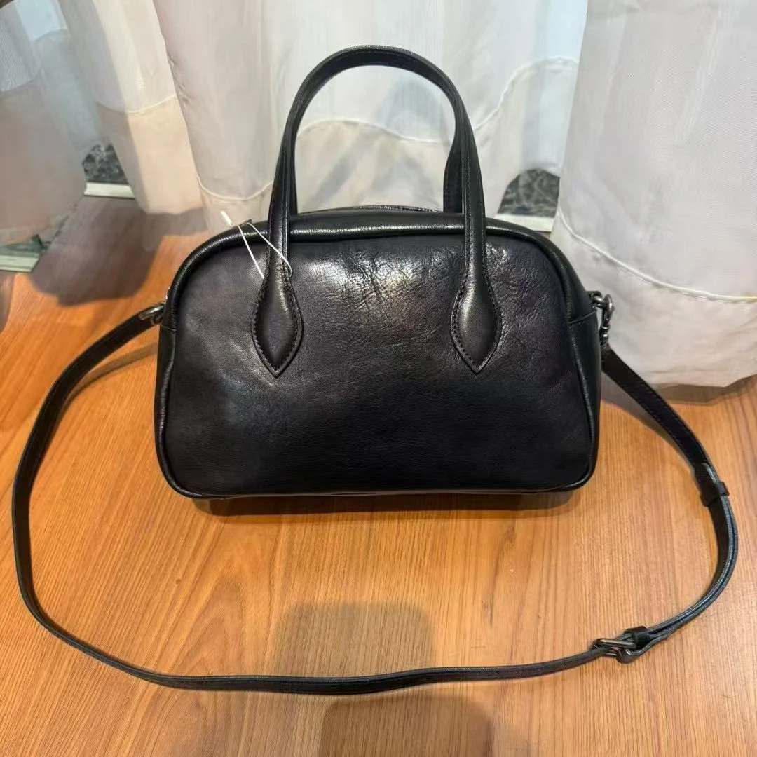 时尚头层植鞣牛皮波士顿女包黑色手拎包复古手提包真皮斜挎单肩包