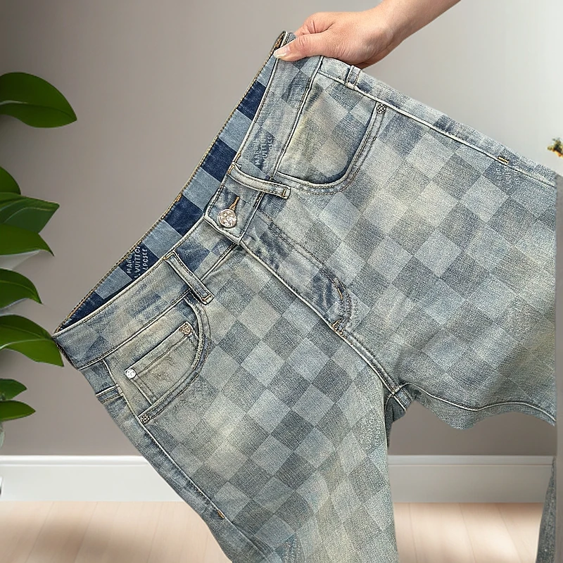 【LY专属】高奢定制棋盘格经典蓝调水洗男士牛仔裤弹力百搭修身直筒