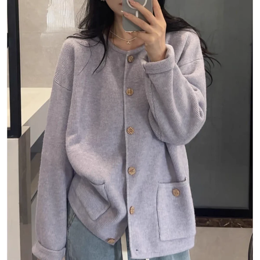 轻奢感简约穿搭圆领针织开衫女慵懒小香风宽松显瘦毛衣外套上衣