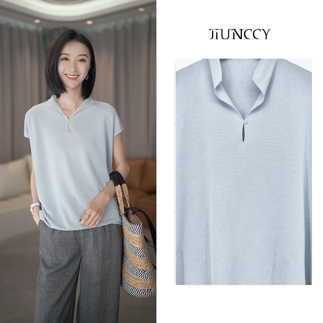 JIUNCCY【翩然】醋酸羊毛天丝混纺前短后长宽松套头针织衫 52YZZ020