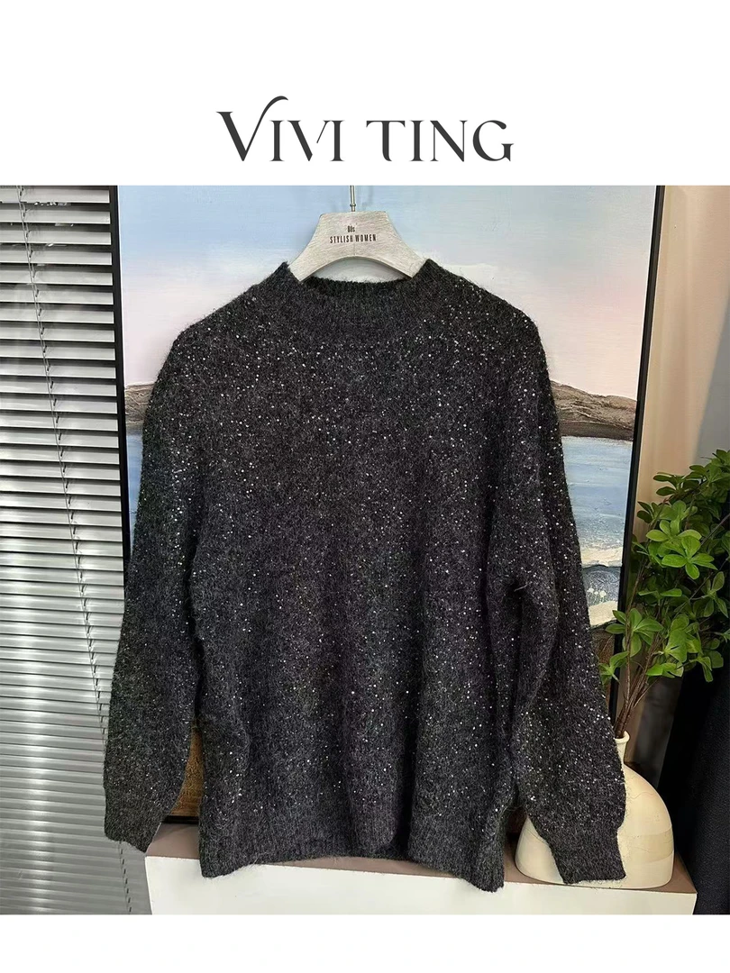 【VIVI·TING】婷姐推荐秋冬季高级感灰色满天星亮片长袖毛衣F402