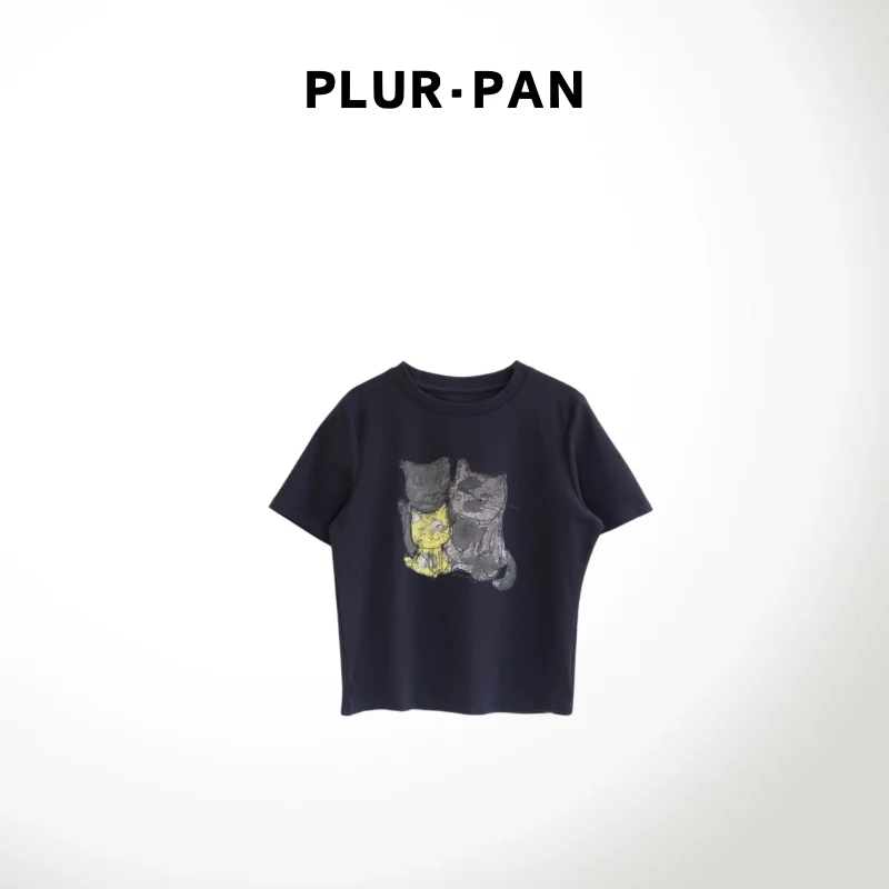 PLUR·PAN小猫涂鸦印花正肩显瘦短袖T恤