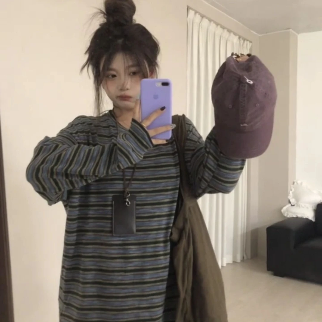 韩系慵懒风条纹防晒长袖T恤女秋季穿搭宽松圆领打底衫上衣