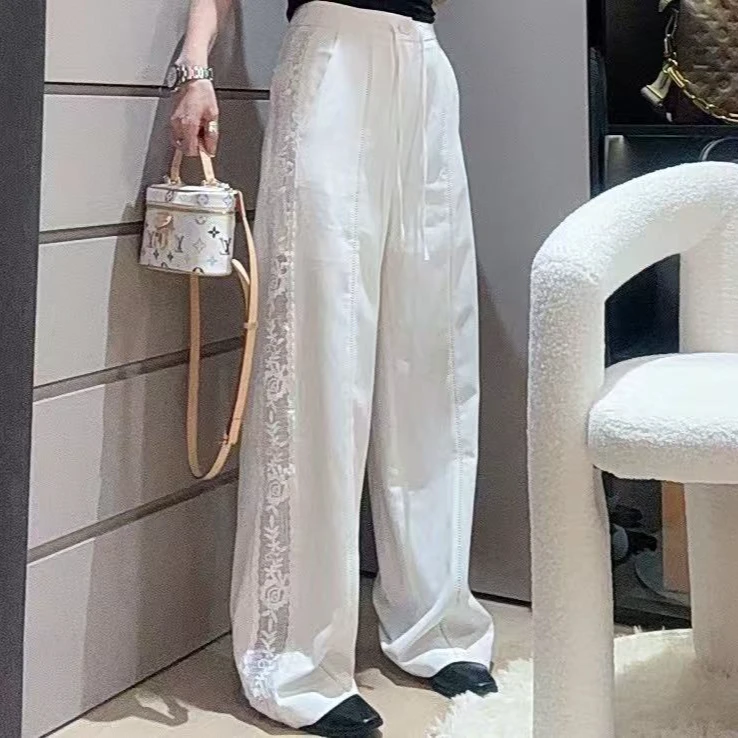 ZM25年新款阔腿裤直筒裤蕾丝拼接休闲宽松拖地中腰阔腿裤87167