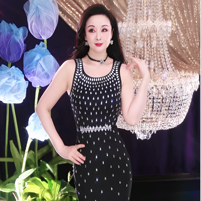 天使泪钉珠镶钻无袖长裙女装礼服公主裙撑纯色单排扣抹胸型方领