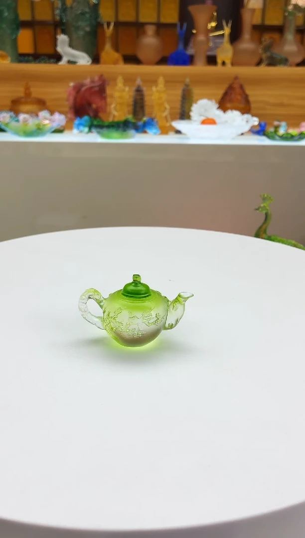 手工艺品琉璃绿色梅花壶茶宠摆件