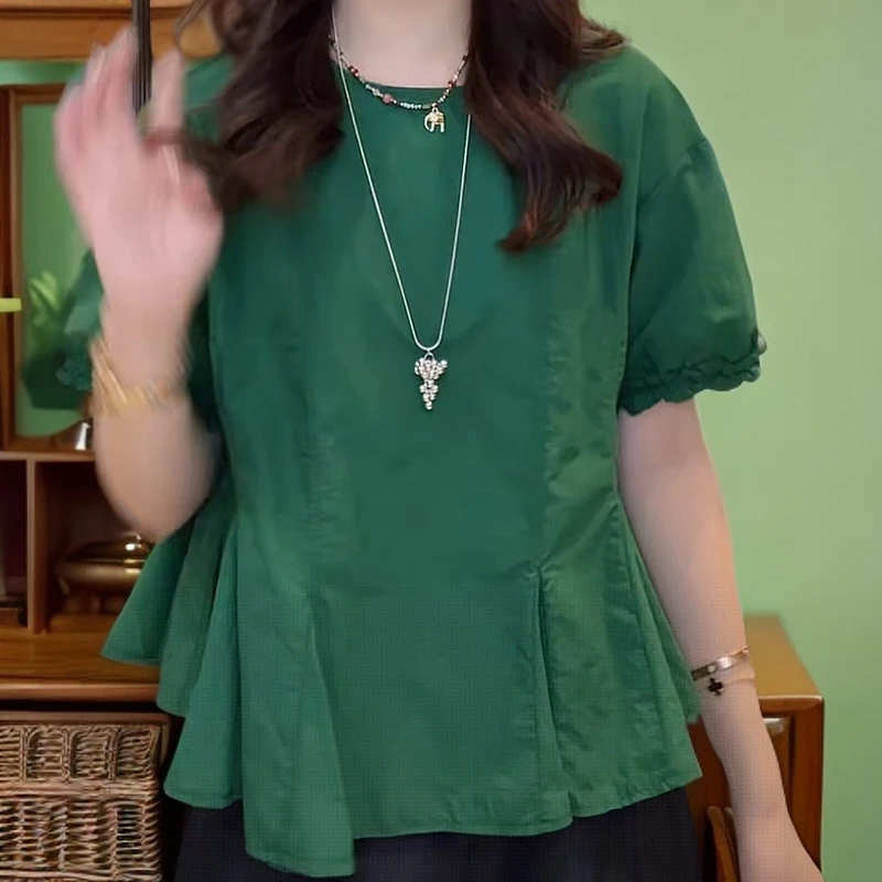 香朵儿韩版设计感甜美可爱短袖2025夏季宽松薄款风格绿色衬衫女