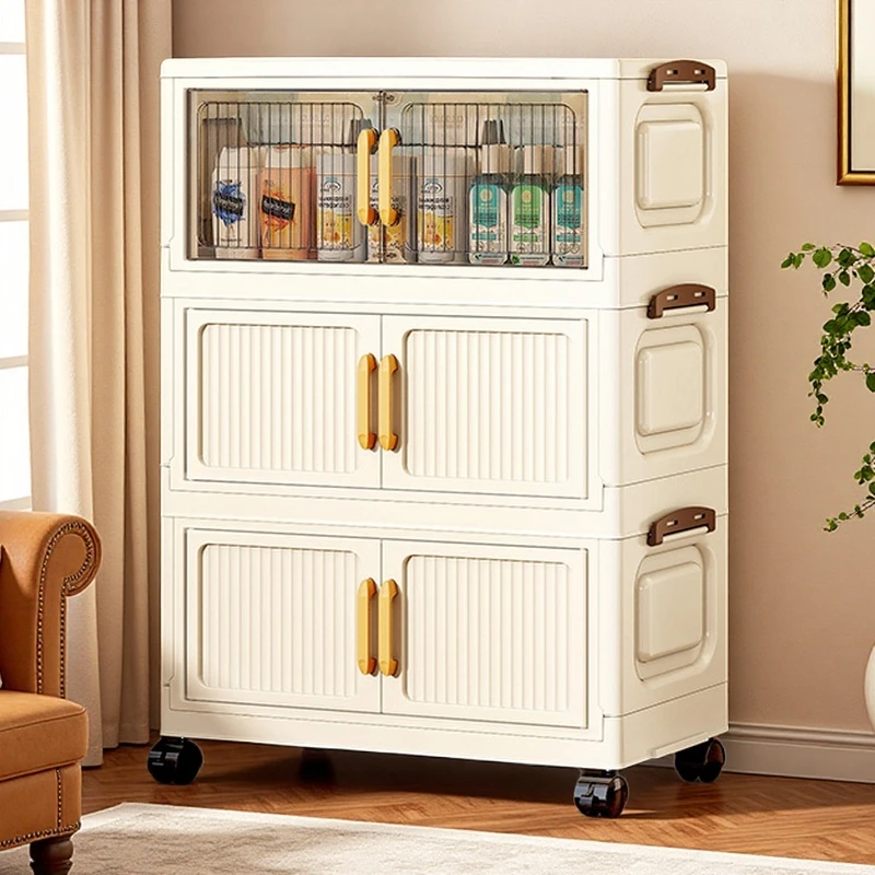50面宽竖纹折叠款双开门收纳柜可移动收纳三层客厅杂物储物柜