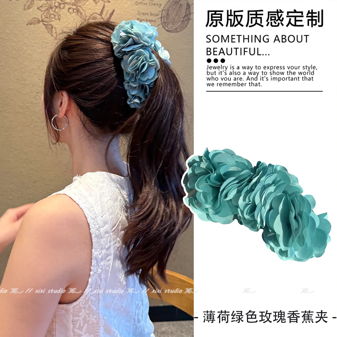 薄荷绿玫瑰花香蕉夹2025夏度假风抓夹高马尾发夹头蝴蝶结珍珠抓夹