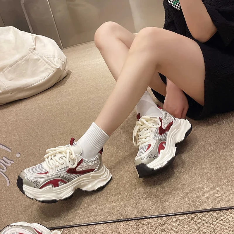 网面百搭老爹鞋厚底休闲真软皮运动鞋透气增高女鞋显脚小女款7706