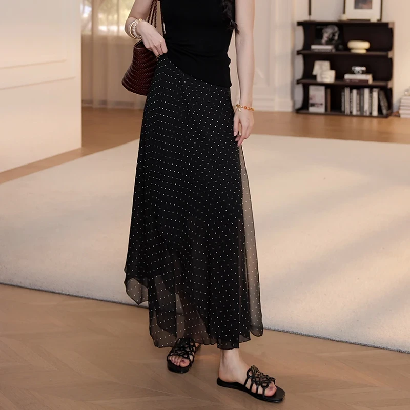 【YANYAN】(松紧腰+拉链)夏季高腰休闲小波点纱裙长裙半身裙