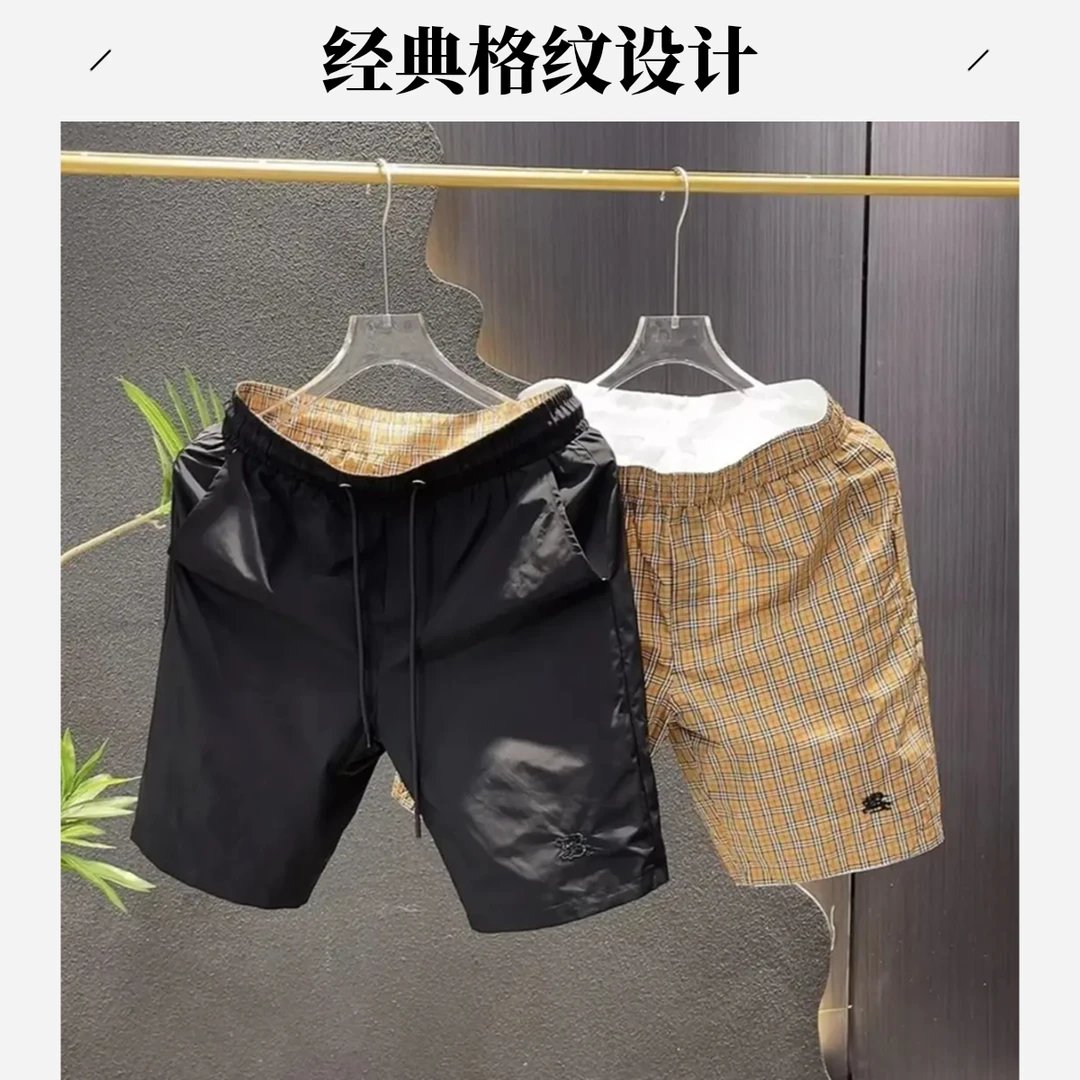 夏季新款双面穿透气男士刺绣战马格子沙滩五分潮流速干轻奢休闲裤