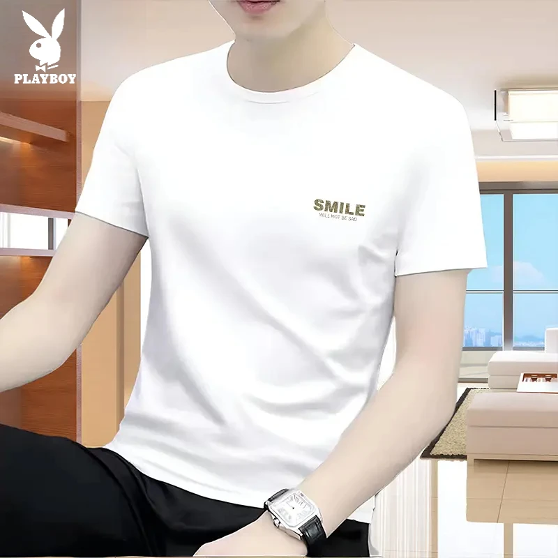 花花公子索罗娜短袖T恤男装夏季冰丝潮流ins时尚圆领高级感体恤潮