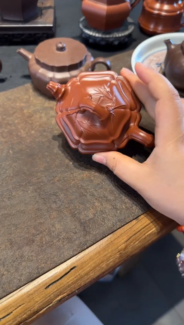 茶壶紫砂六方海棠双线竹鼓