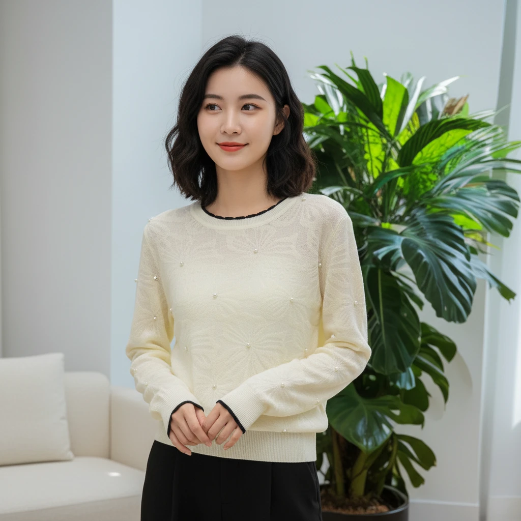 【白色黑领长袖钉珠】丝滑透气新款浮雕图案针织衫长袖