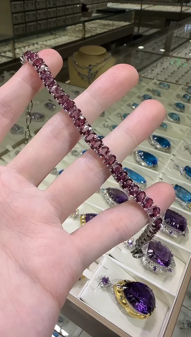 银S925镶嵌手链石榴石6*8mm精工