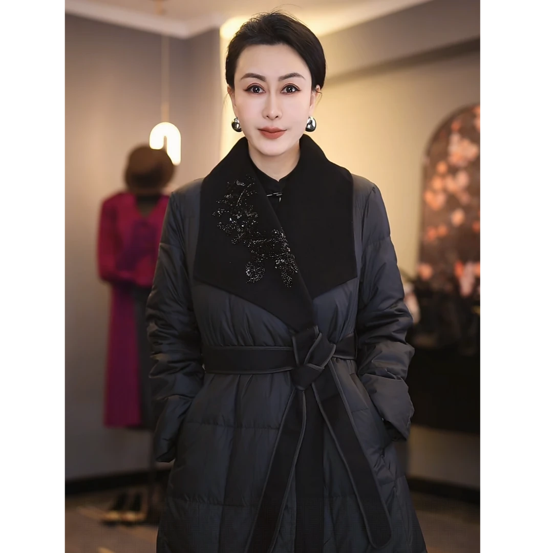 鹅绒服中式中长款V领重工长款秋冬复古港风秋冬款