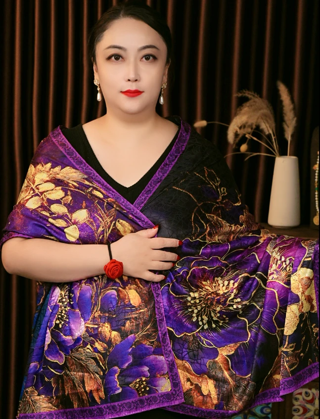 丝巾围巾披肩双面双色百搭旗袍紫韵牡丹龟裂纹180*70长巾180711