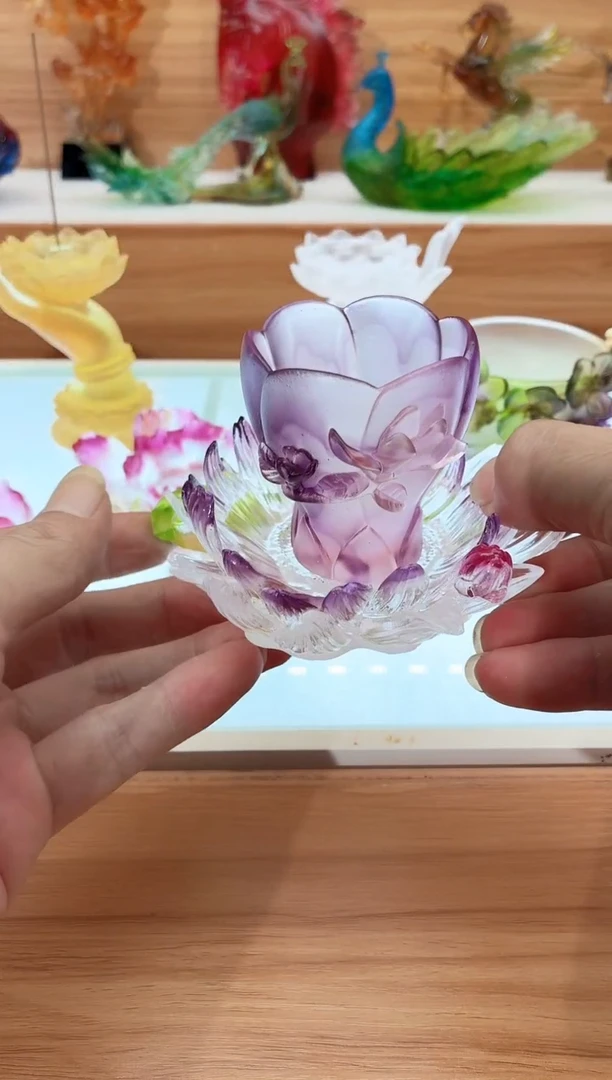 手工艺品琉璃紫色菊花杯托12公分