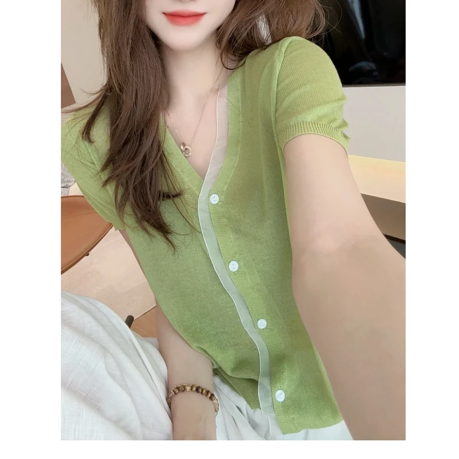 拼接网纱凉感短袖针织衫2025夏季新款设计感气质百搭时尚上衣