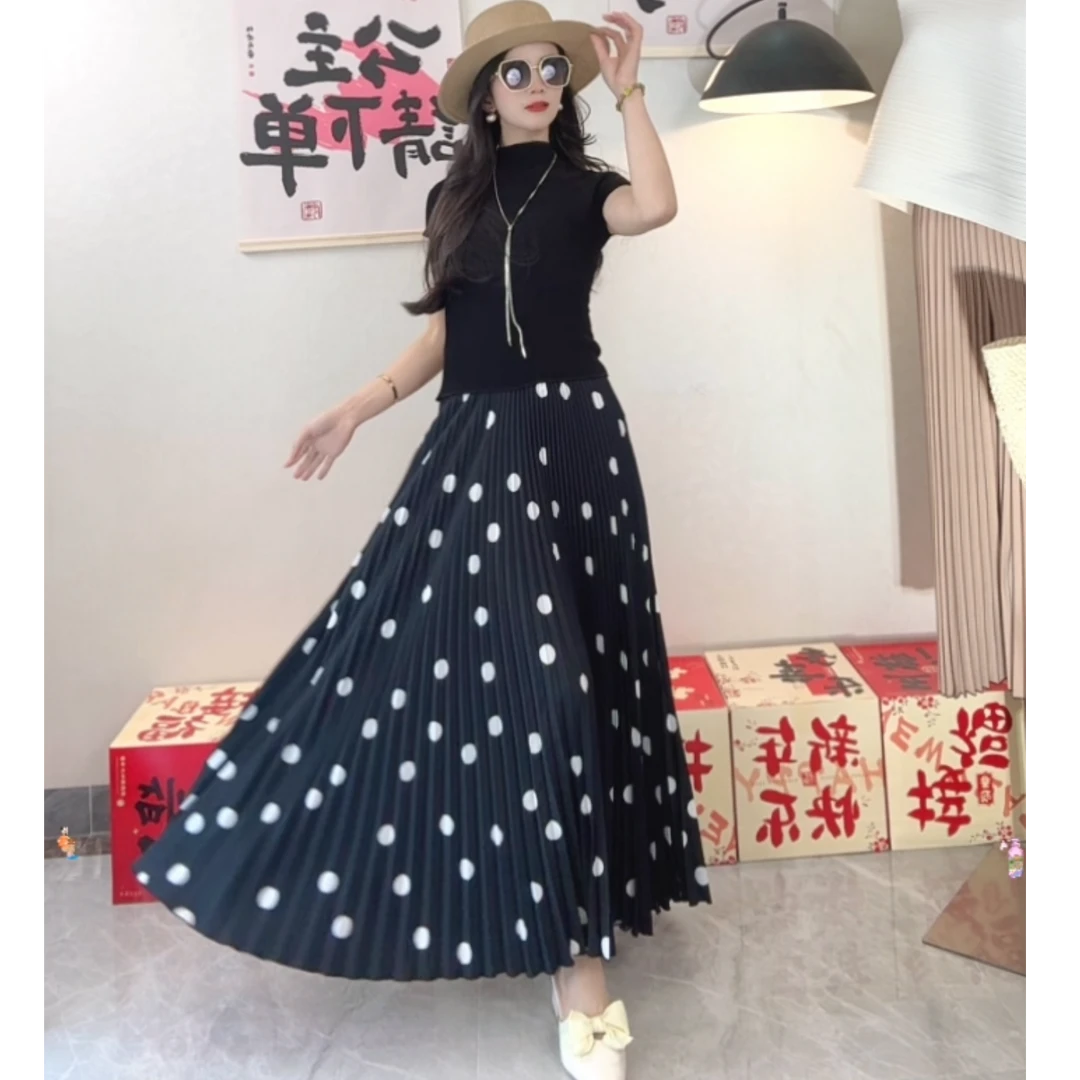 【高品质】时尚穿搭春夏韩版气质黑色高腰波点半身裙112