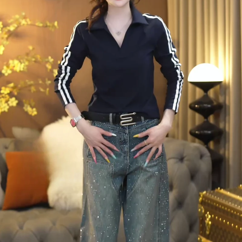 春季新款高级感洋气时尚条纹V领打底衫T恤设计师款LK2501559