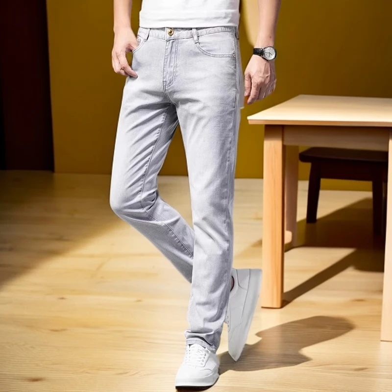 维斯克纳浅灰色牛仔裤男夏季薄款修身小脚弹力潮牌休闲男士长裤子