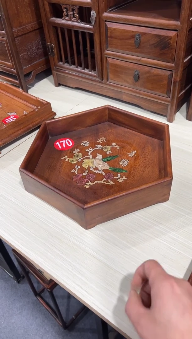 木木花梨木螺钿镶嵌六角储物盘鸟踏花枝