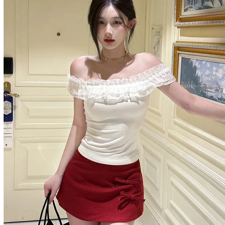 红色蝴蝶结a字超显白半身裙套装女夏季防走光裙裤修身显瘦上衣女