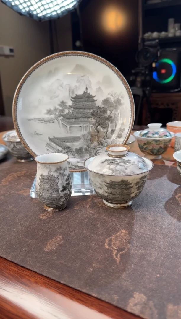 瓷老**空墨彩滕王阁三件套组