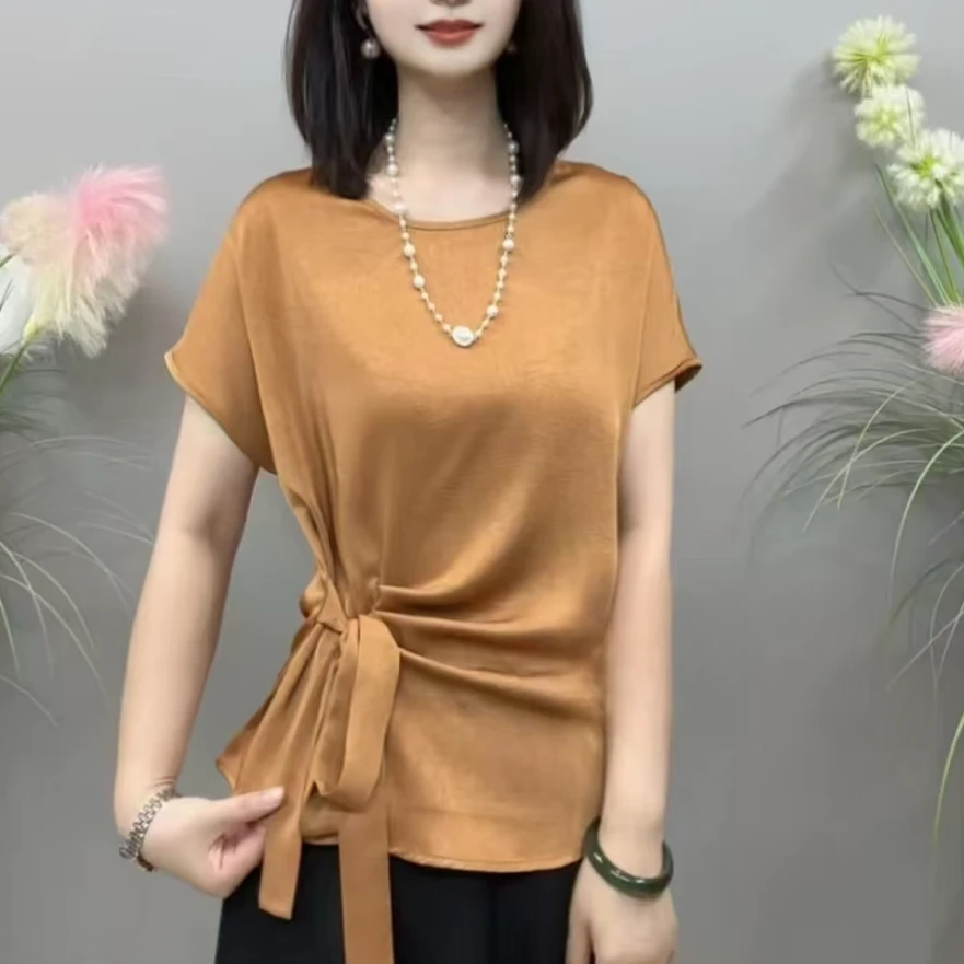 夏季新款时尚短袖圆领衬衫女缎面飘带褶皱设计感遮肉显瘦小衫上衣