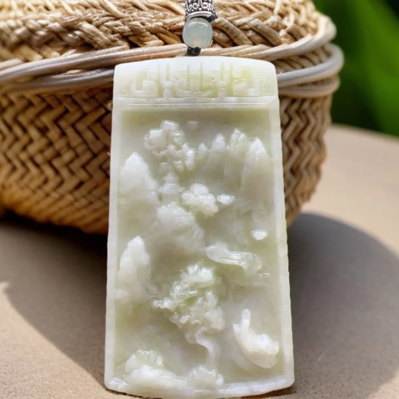 【龍帝专属】天然双生玉龙冰纹山水挂件50X90MM（多样性发货一个）A82