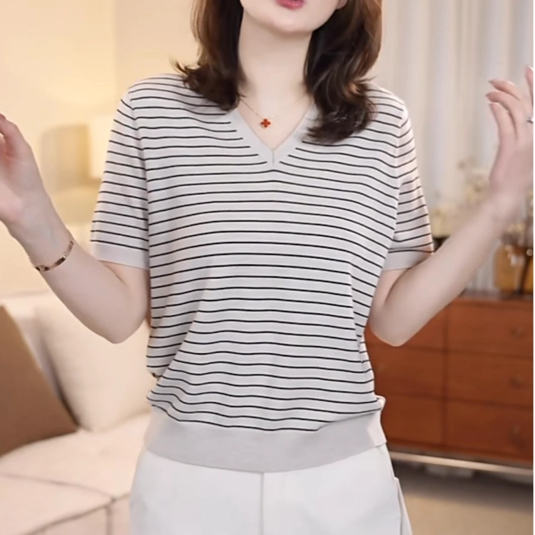 2025新款夏季条纹V领宽松显瘦遮肉休闲短袖针织衫百搭气质上衣女