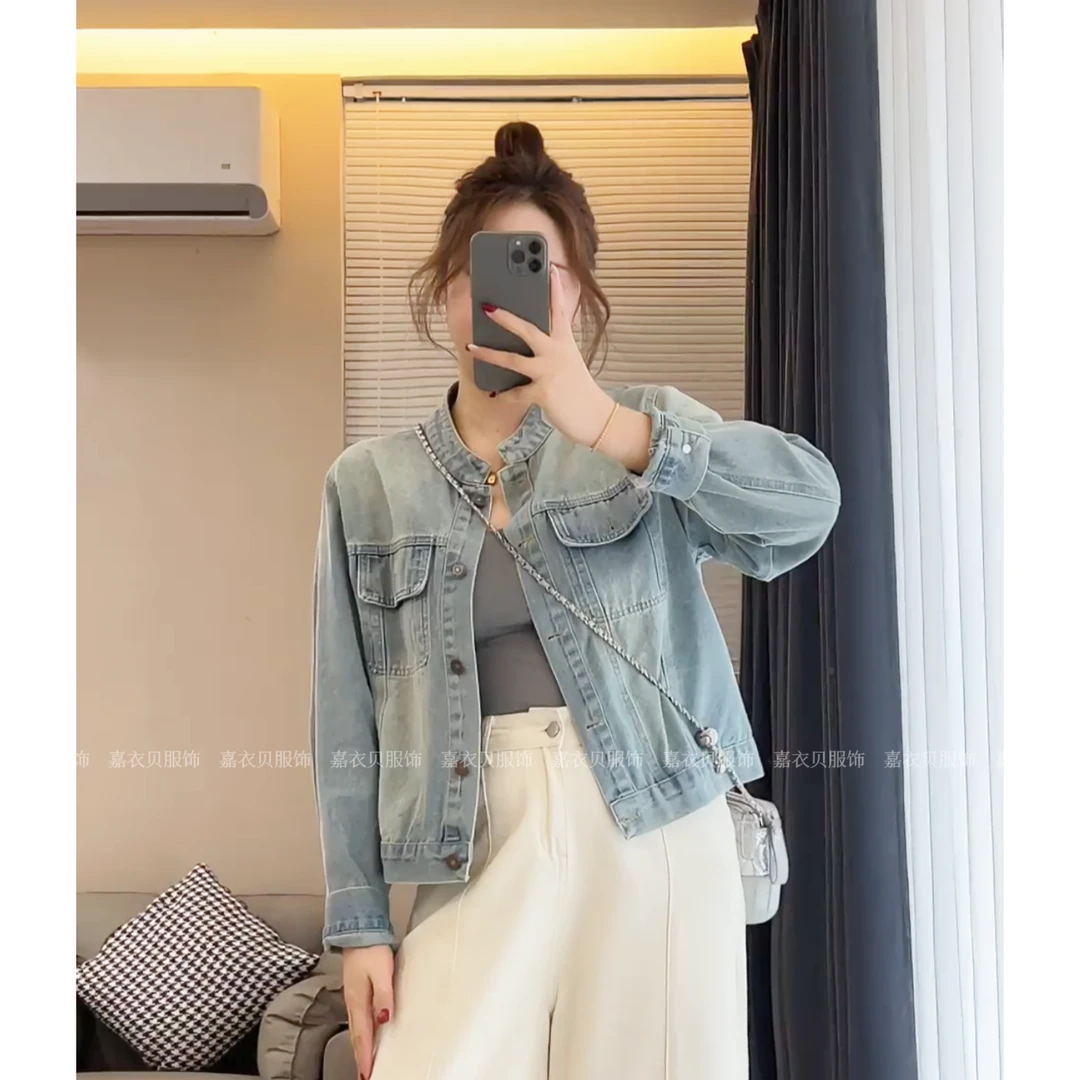 2025春季新款复古宽松休闲浅色圆领夹克牛仔短外套女/3