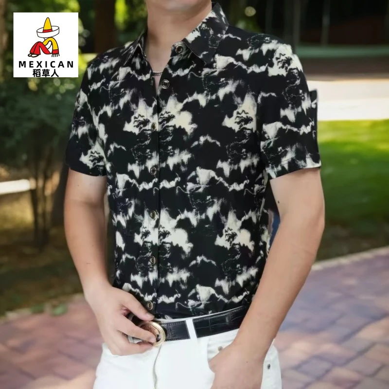 稻草人男衬衫短袖潮流修身男士时尚港风垂感衬衫夏季百《专柜品质》