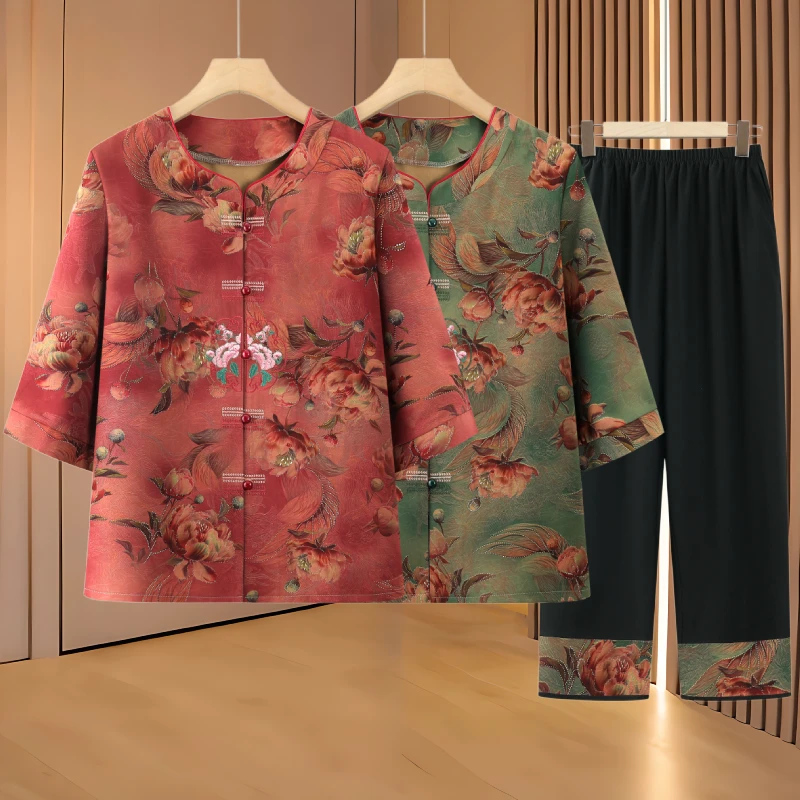 中老年人夏装衬衫国风女奶奶衬衣妈妈装圆领开衫薄款老太太两件套