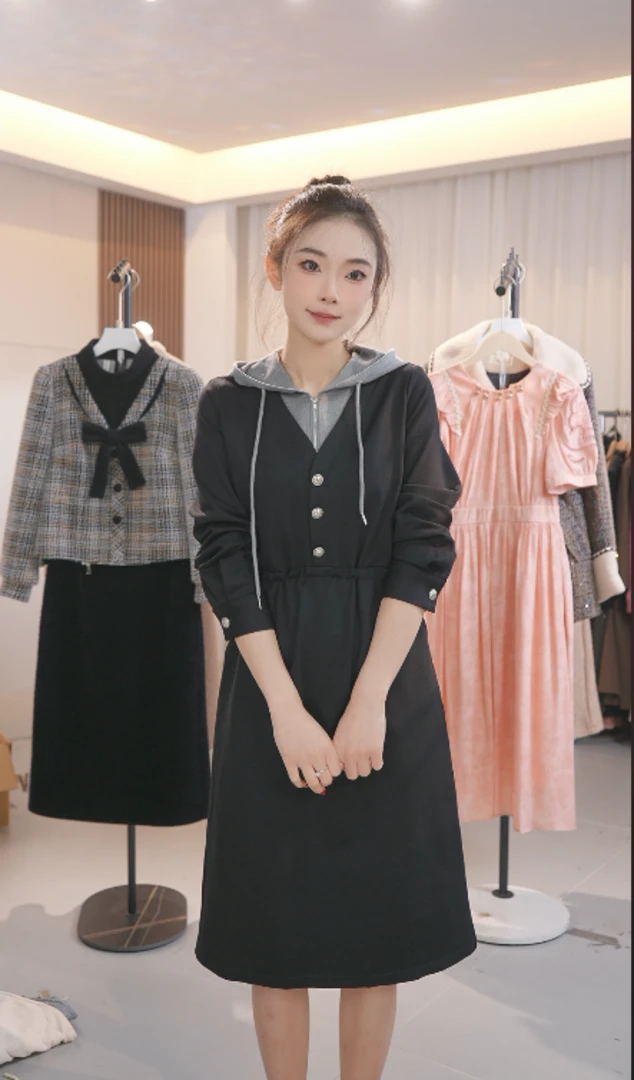 M0058 新款春秋季新连帽收腰长裙气质连衣裙女