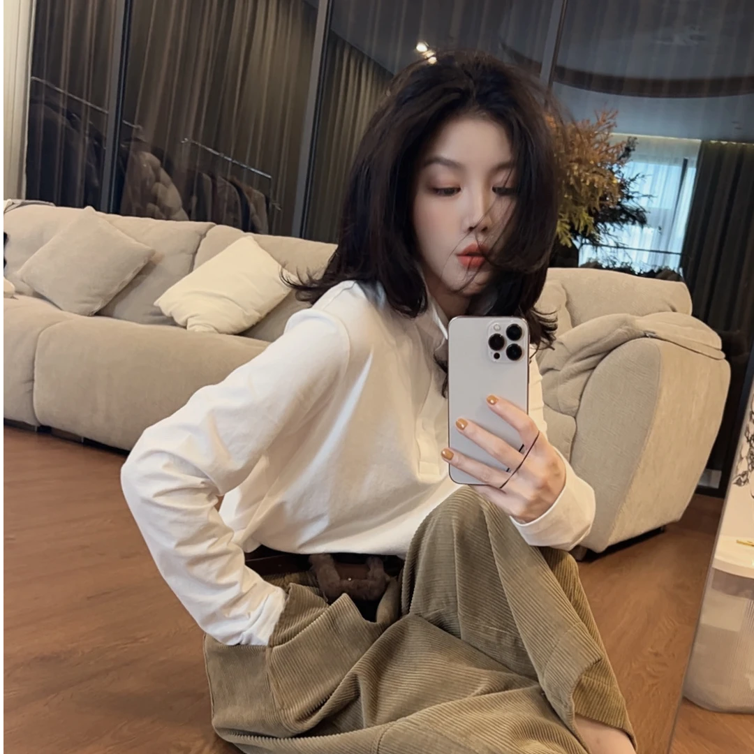 【悦悦专属】秋装精品纯棉polo领显瘦长袖衬衣Y1242