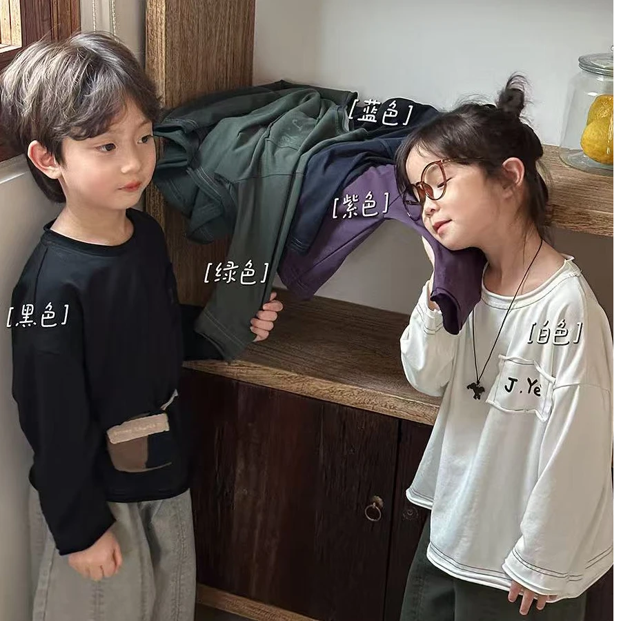 2025儿童春季新款字母长袖T恤男女宝宽松毛边打底衫上衣亲肤透气