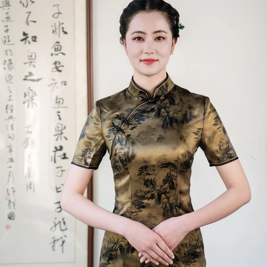 传统女旗袍醋酸鎏金缎显瘦婚宴敬酒服妈妈装气质礼服复古夏季旗袍