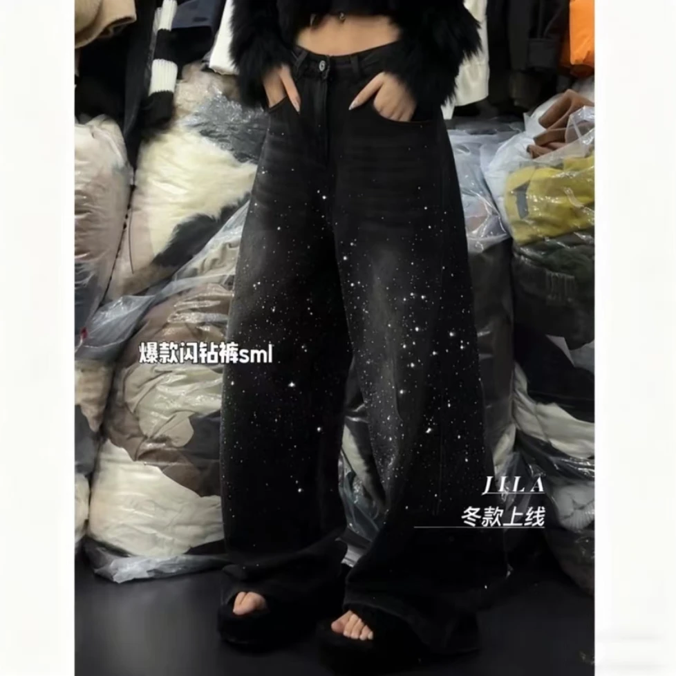 冬季新款韩系百搭时尚宽松设计感满天星加绒牛仔阔腿裤b3139