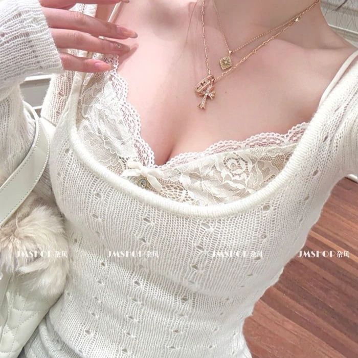 JMSHOP 世娇妲己方领镂空打底衫女春款叠穿内搭蕾丝吊带两件套ins