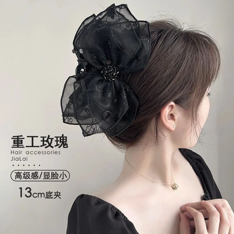高档轻奢蕾丝蝴蝶结抓夹大号鲨鱼夹女百搭发夹高级感头饰2023新款