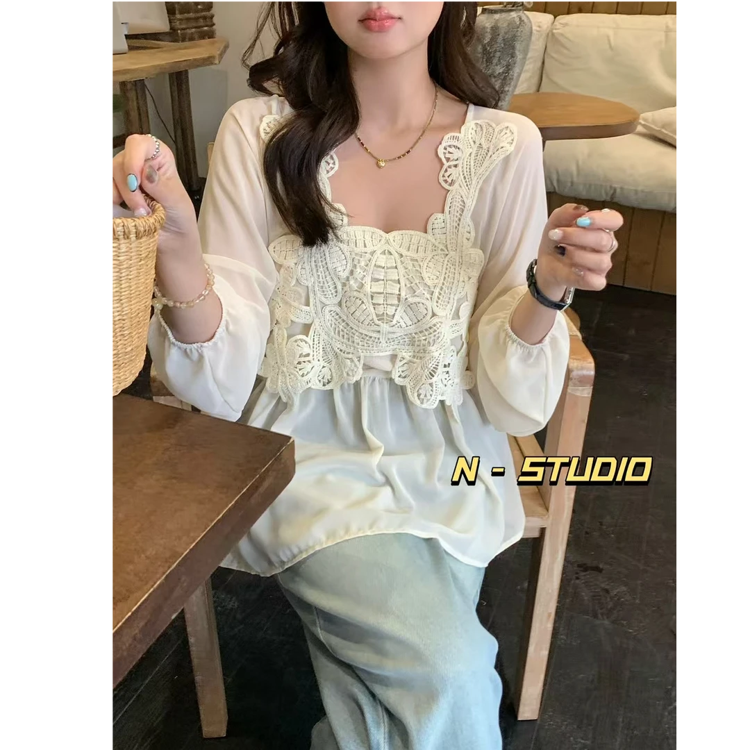 韩系穿搭勾花蕾丝假两件衬衫女春秋季新款时尚遮肚子显瘦长袖衬衣