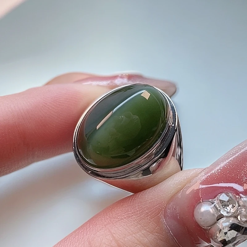 S925银镶嵌天然和田玉碧玉一线猫眼高端大气上档次