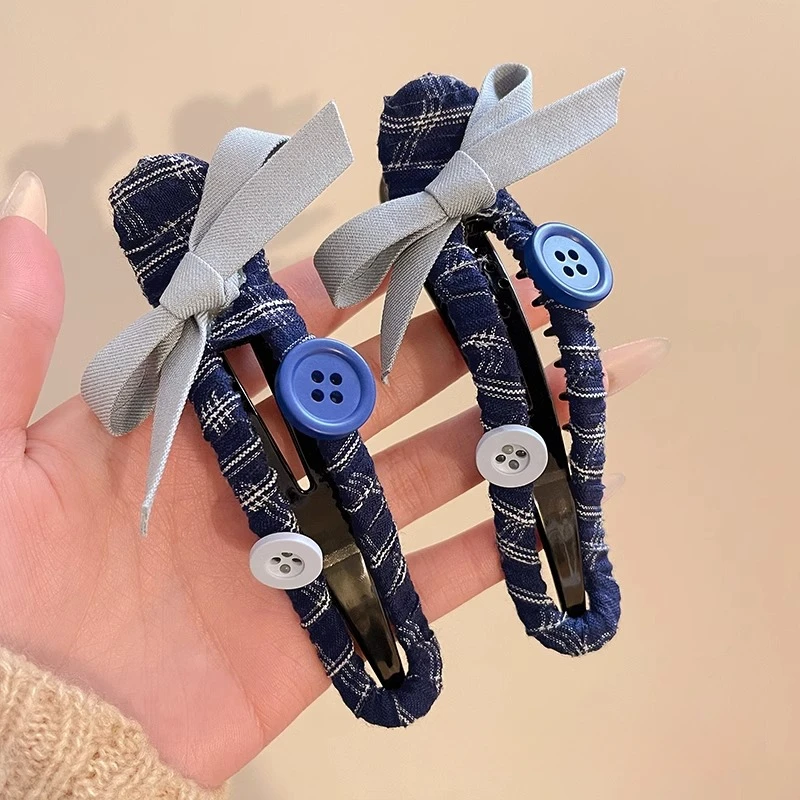 布鲁士蓝蝴蝶结纽扣鸭嘴发夹女夏季大号盘发抓夹气质后脑勺一字夹