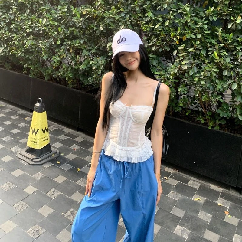 纯欲重工透感网纱鱼骨背心吊带女2025夏季性感辣妹修身内搭上衣