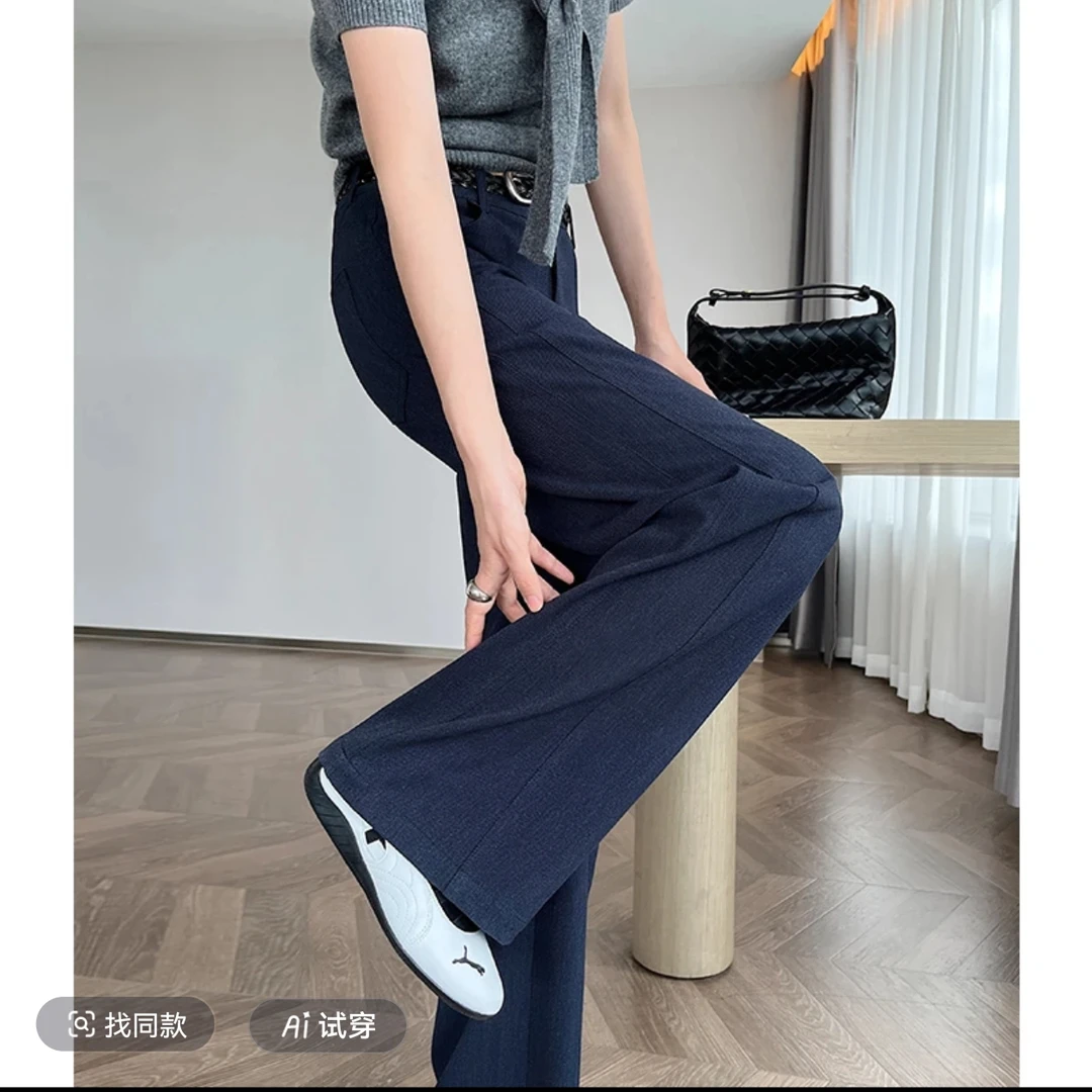 秋季新款藏青高腰瘦腿直筒裤