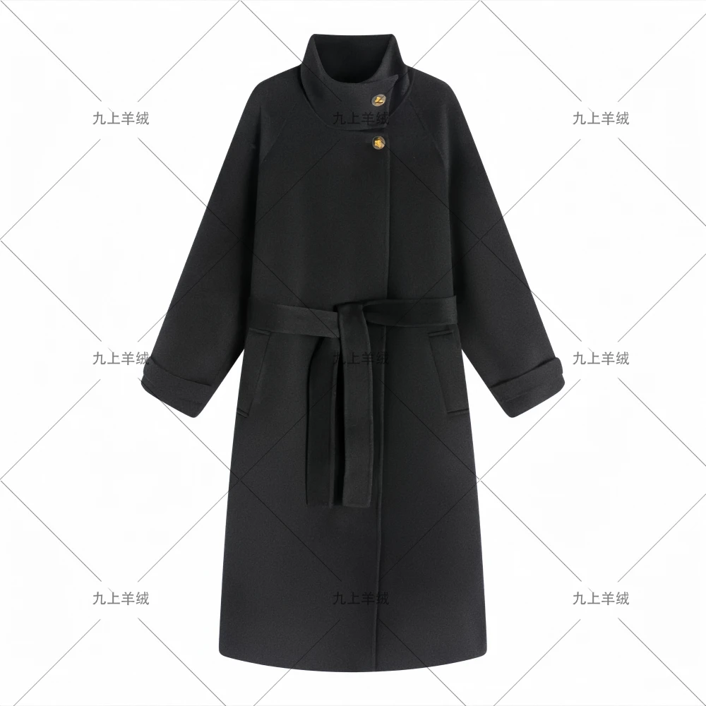九上新款双面纯羊毛黑色立领羊绒大衣女秋冬高级感正品100%纯羊绒