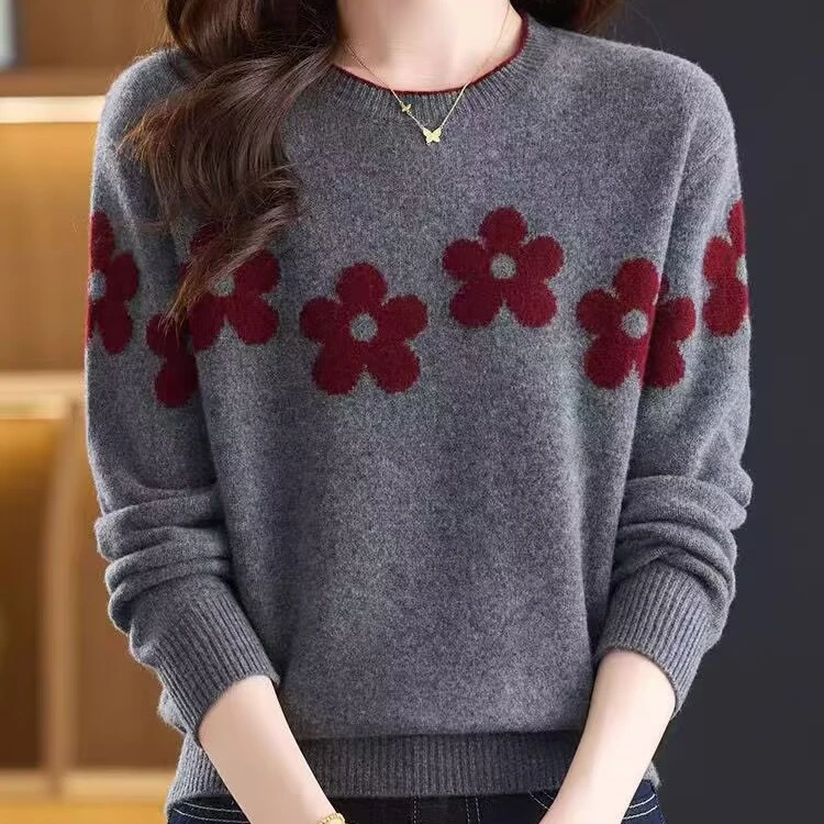 秋冬高级感针织衫秋冬新款洋气外穿提花上衣时尚宽松圆领打底毛衣